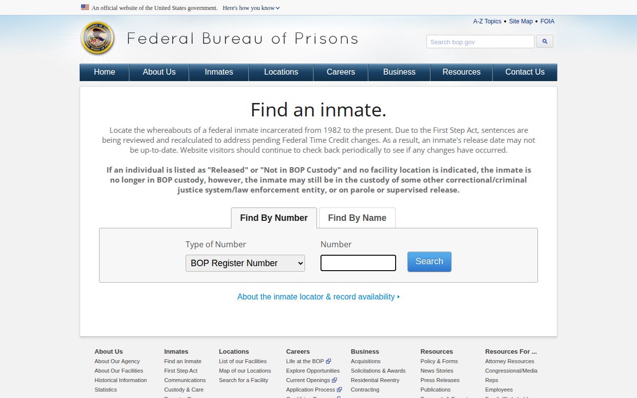 Federal Bureau of Prisons inmate locator search inputs