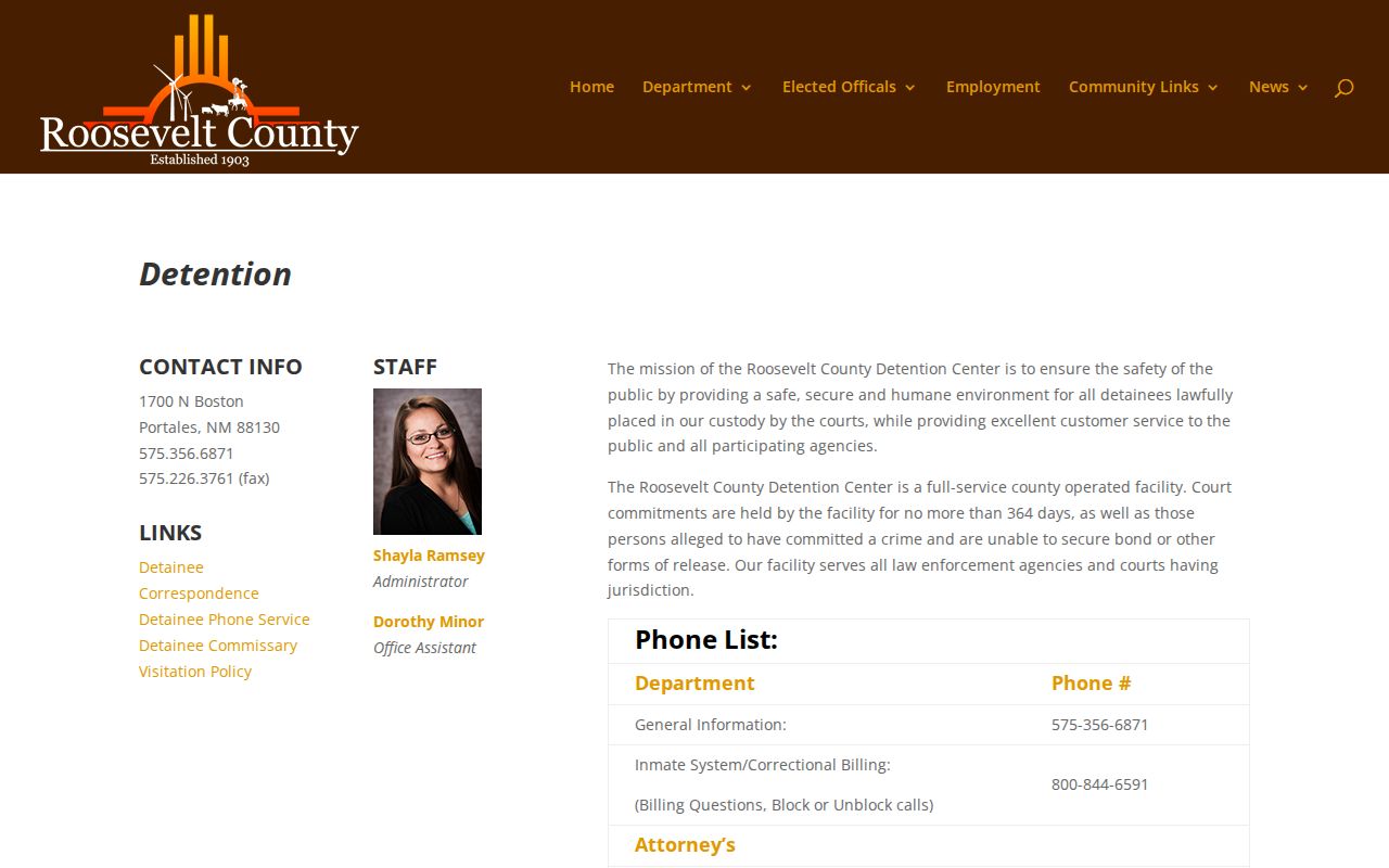 Roosevelt County Detention Center official contact and facility page